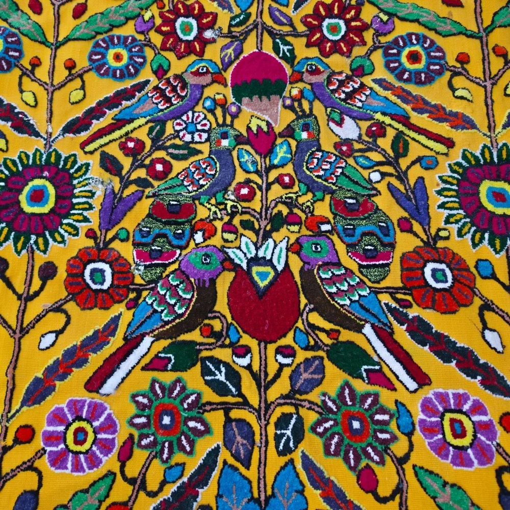 Vintage Mexican Otomi Tenango Hand Embroidered Floral Bird Textile Yellow 43x26